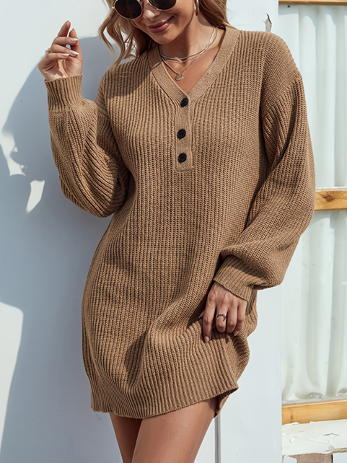 V-Neck Mini Sweater Dress