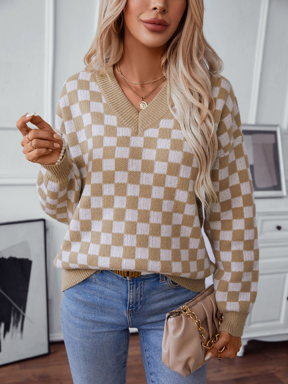 Checkered V-Neck Sweater